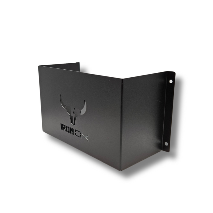 Black metal bracket with a bull logo cutout on a white background.