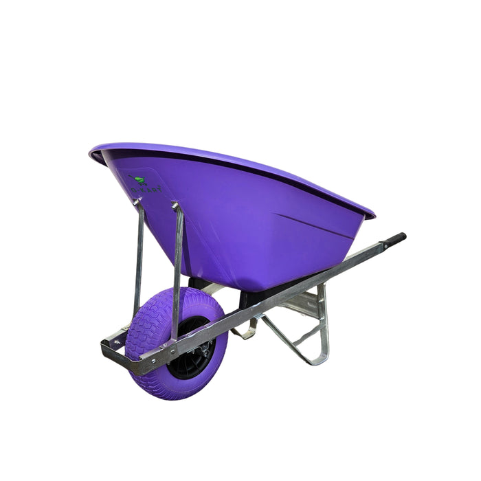 A purple 160 Litre Puncture Proof Farm Equestrian wheelbarrow on a white background. Stand by for SEO update.