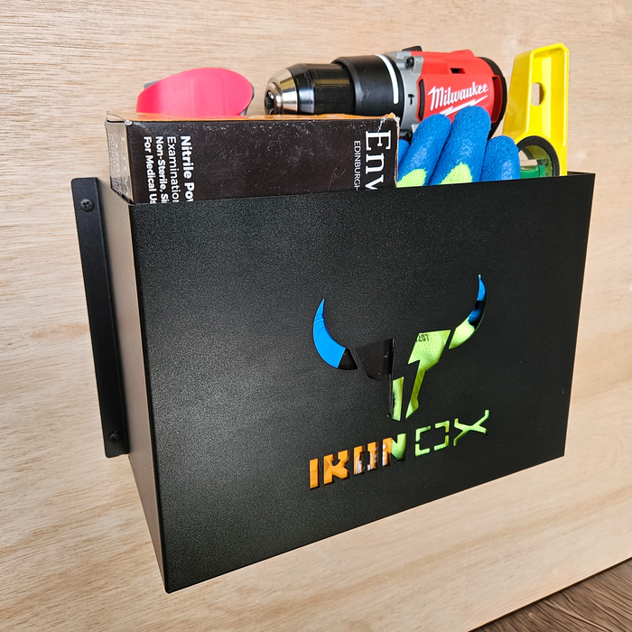 The General Purpose Metal Storage Box - Large elegantly holds a drill, gloves, book, and level against a wooden background, serving as the perfect storage solution.