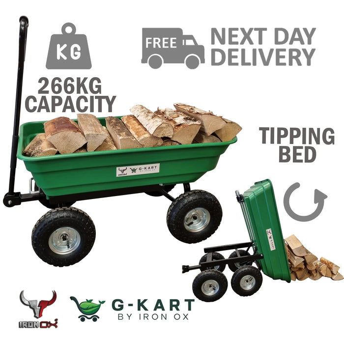 A green Garden trolley Cart -G-Kart 266KG with logs and a tipping bed.