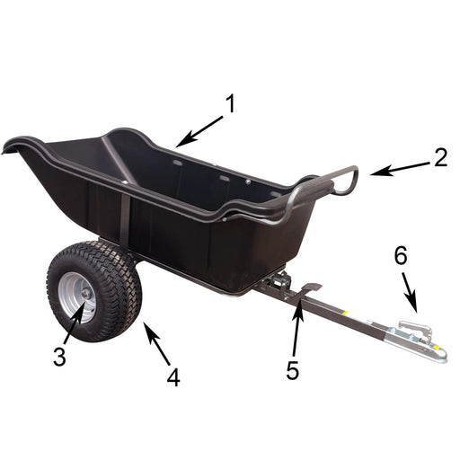 A diagram showing the parts of a wheelbarrow including Haul 12 Parts and Foot Release Pedal.