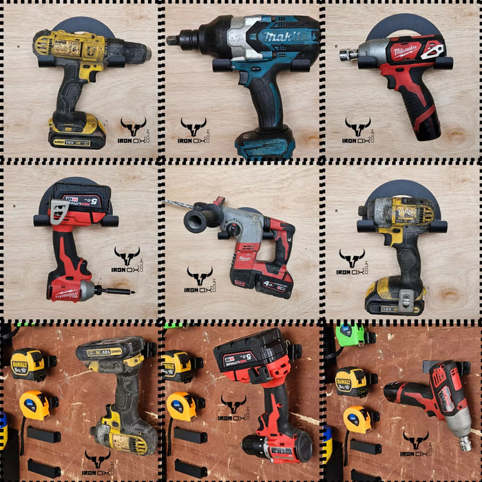 A grid displays the "Power Drill & Impact Driver Holder 9 Piece Kit," featuring nine different cordless power tools with brand logos visible, neatly arranged on a wooden surface next to a sleek, wall-mounted drill holder.
