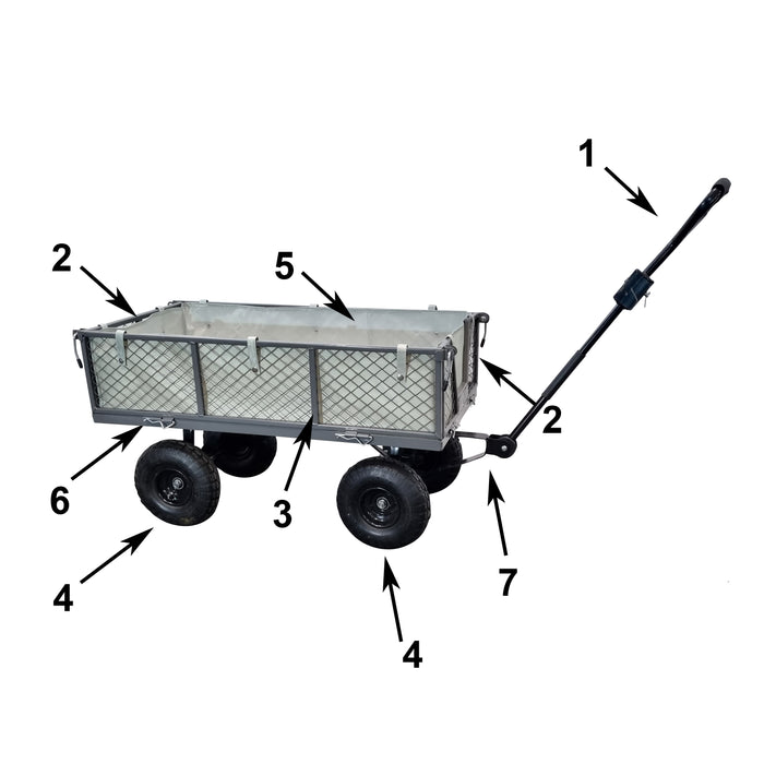 A diagram showing the parts of a G-Kart MT600 Parts wheelbarrow, including the Front & Rear Body and Handle.
