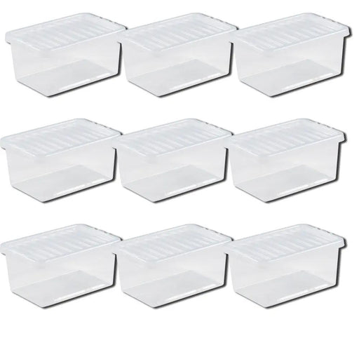 A set of 9 X Crystal 11 Litre Box & Lid Clear with transparent lids on a white background.