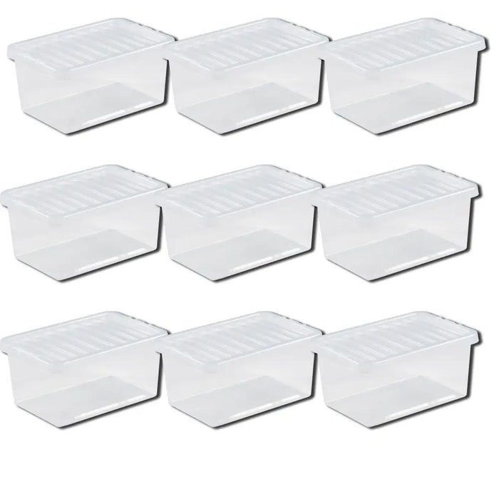 A set of 9 X Crystal 11 Litre Box & Lid Clear with transparent lids on a white background.