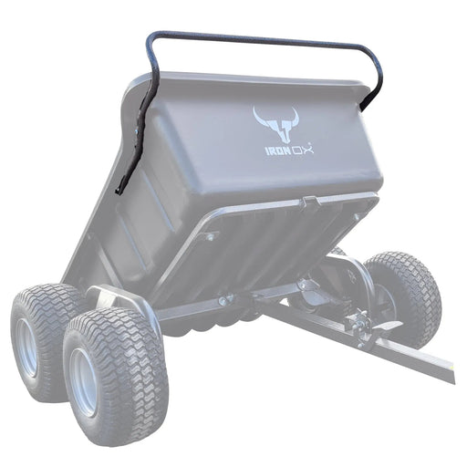 A black dump trailer with a Haul 15 Lift Handle on it, capable of hauling 15.