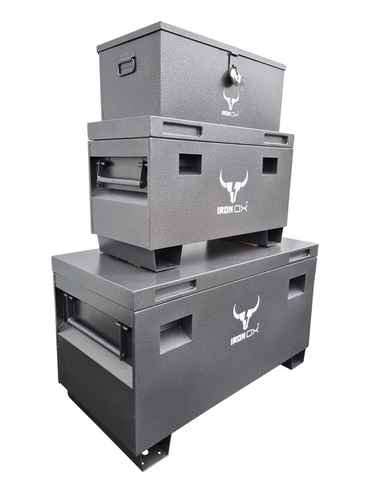 Three heavy duty gray Steel Job Site Tool box Iron Ox® - 3 Piece Set - Free Discus Locks! stacked on top of each other.