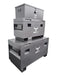 Three heavy duty gray Steel Job Site Tool box Iron Ox® - 3 Piece Set - Free Discus Locks! stacked on top of each other.