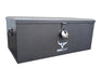 A heavy duty black Steel Job Site Tool box Iron Ox® with a lock on it.