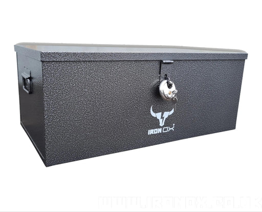 A Iron Ox® Steel Job Site Tool Box 30" with a lock on it, offering weather protection and industrial powder coating.