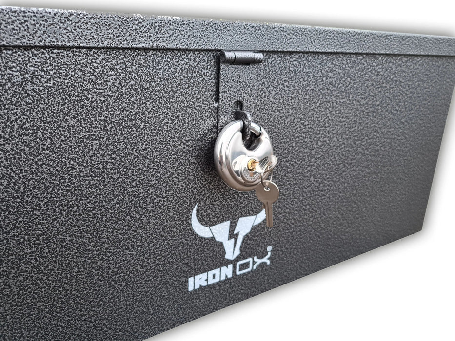 A heavy duty black Iron Ox® 3 piece set X3 Site Tool Box with double lock placement.