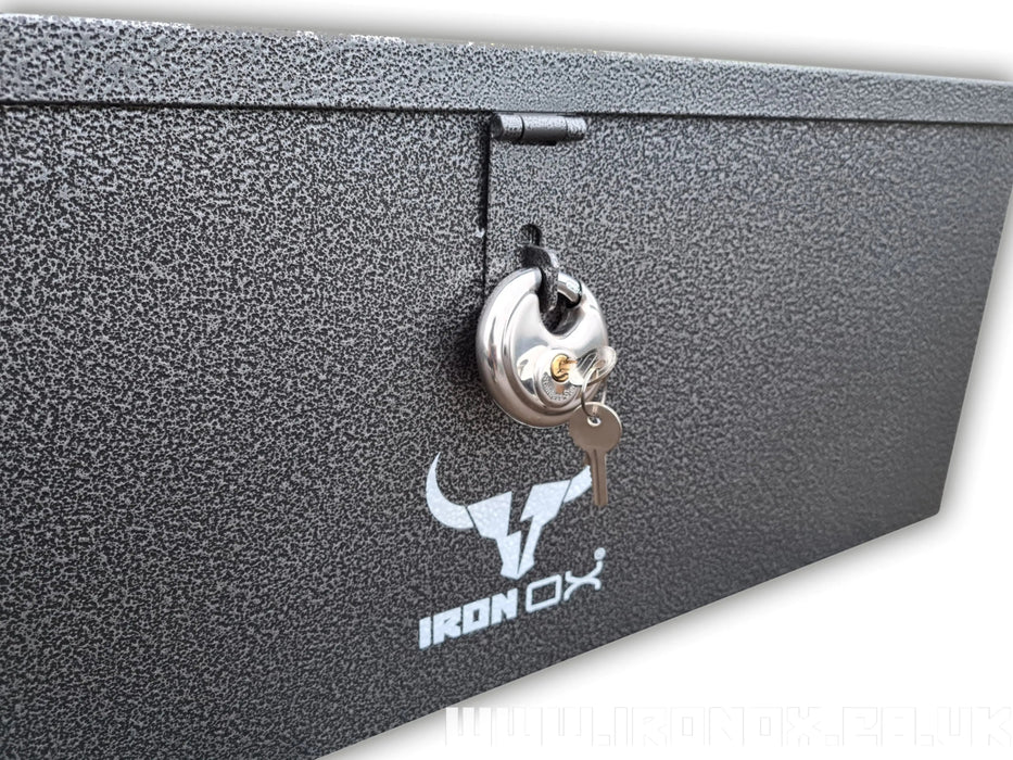 A black Iron Ox® Steel Job Site Tool Box 30" with a lock and key, designed for weather protection with industrial powder coating.