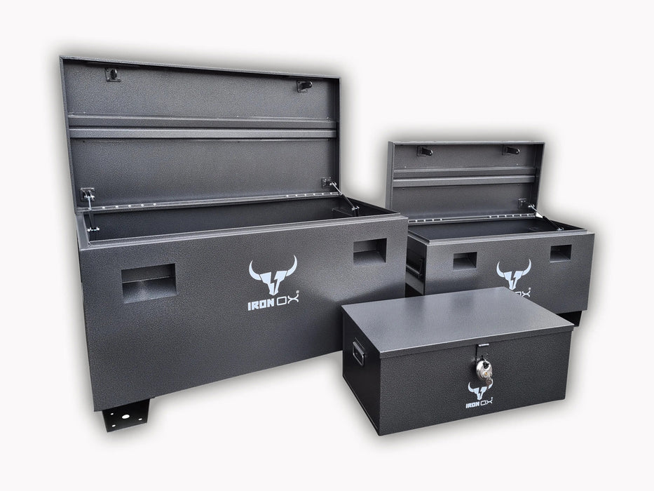 Three Iron Ox® 48" Steel Job Site Tool boxes with a bull logo on them.