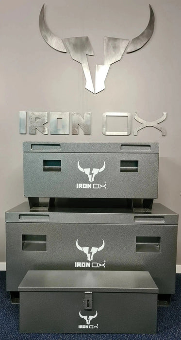 A set of Iron Ox 45 Steel Job Site Tool boxes with the word iron ox on them.