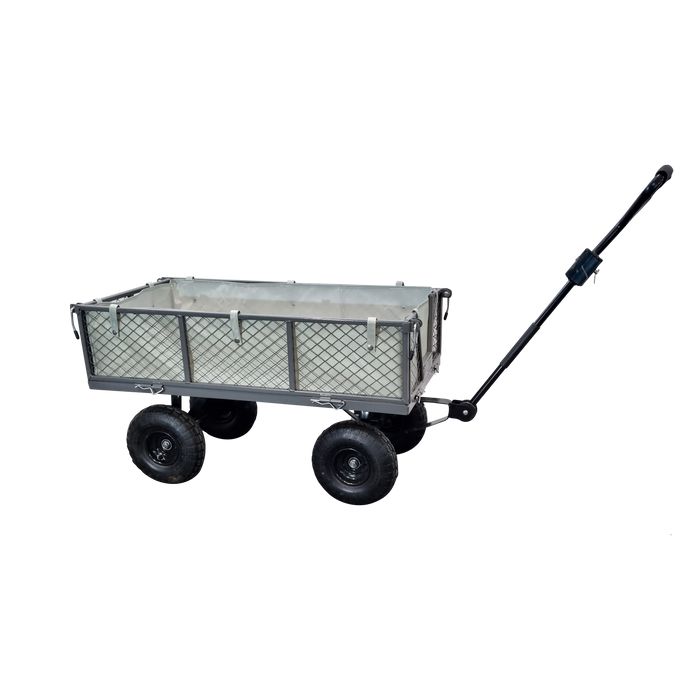A Garden trolley Cart -G-Kart MT600 300KG with wheels and a basket on it, perfect for carrying items in the garden.