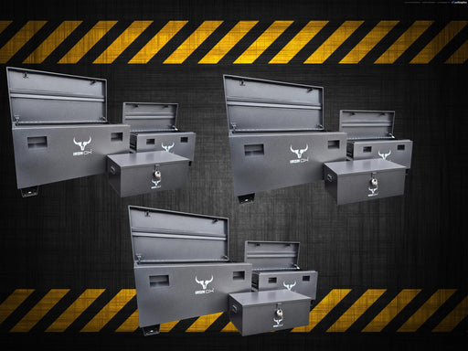 Four TRADE DEAL - Iron Ox® 3 piece set X3 tool boxes on a black background.