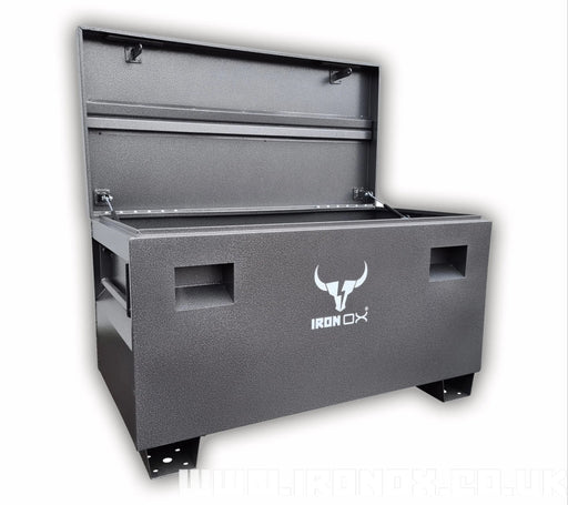 A heavy duty Iron Ox® 48 " Steel Job Site Tool box with a bull logo on it.