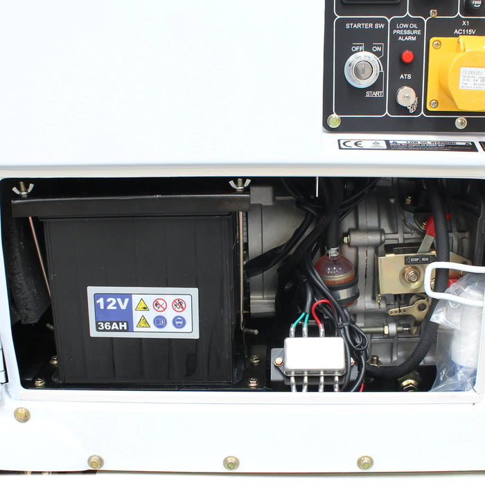 A white vehicle with a Hyundai 5.2kW/6.5kVA Silenced Standby Single Phase Diesel Generator in the engine compartment.