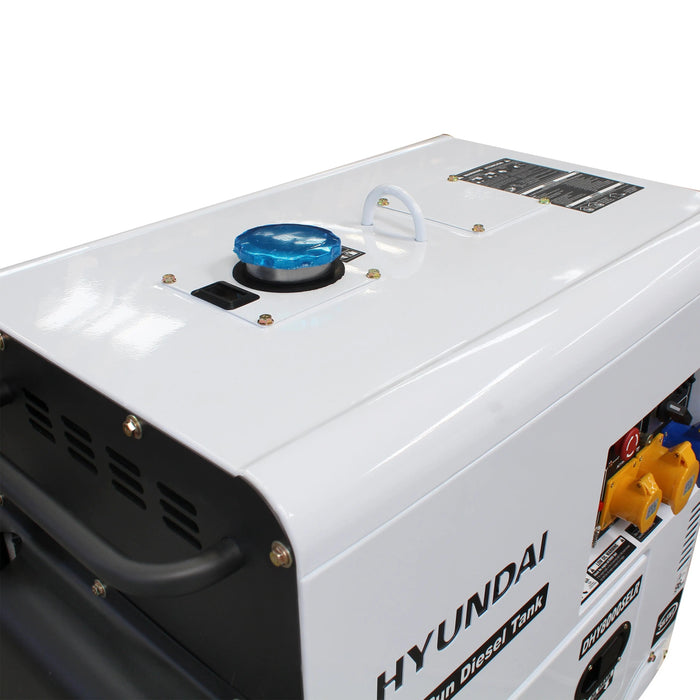 A Hyundai DHY6000SE generator providing backup power on a white background.