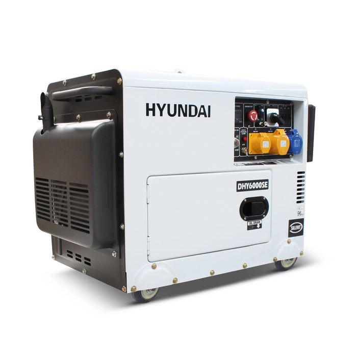 A Hyundai 5.2kW/6.5kVA Silenced Standby Single Phase Diesel Generator on a white background.