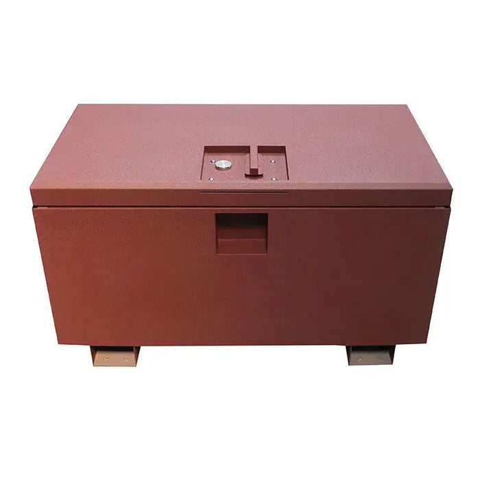 A heavy duty red powder coated Van Steel Box with a handle.