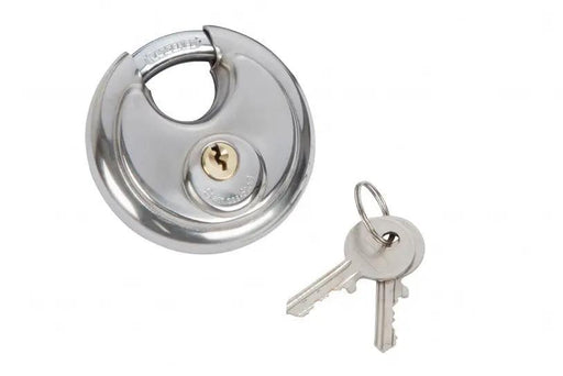 A **70mm Discus Lock Stainless Steel** and keys on a white background.