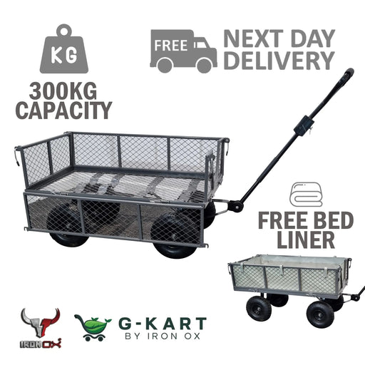 A Garden trolley Cart -G-Kart MT600 300KG with a mesh bedliner and a free garden bedliner.