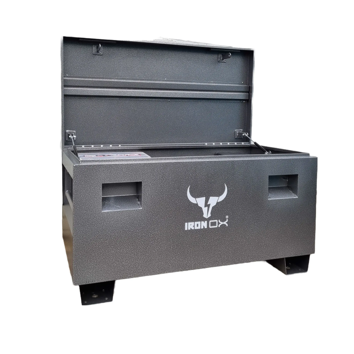 A heavy duty Iron Ox 45 Steel Job Site Tool box with a bull logo on it.