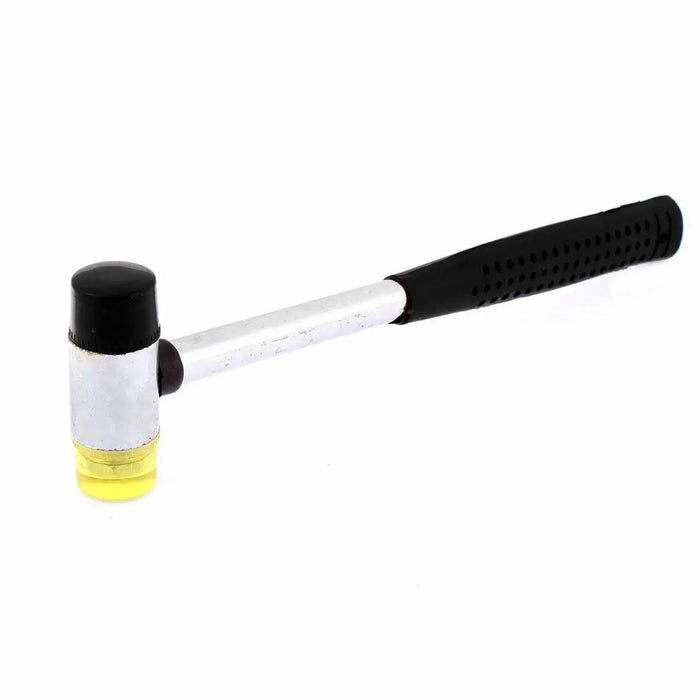 A Rubber Mallet with a yellow handle on a white background.