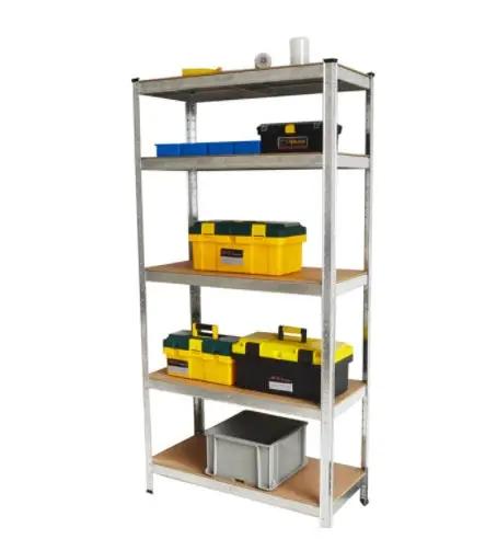A five tier steel shelving unit garage racking with adjustable shelves and a yellow tool box on top for storage organization.