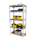 A 2 sets of 5 Tier Steel Shelving Units with adjustable shelves and a yellow tool box on top.