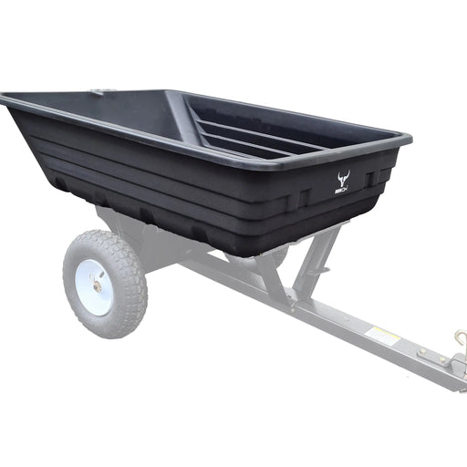 A black trailer with wheels on a white background, capable of hauling 6 Tub.